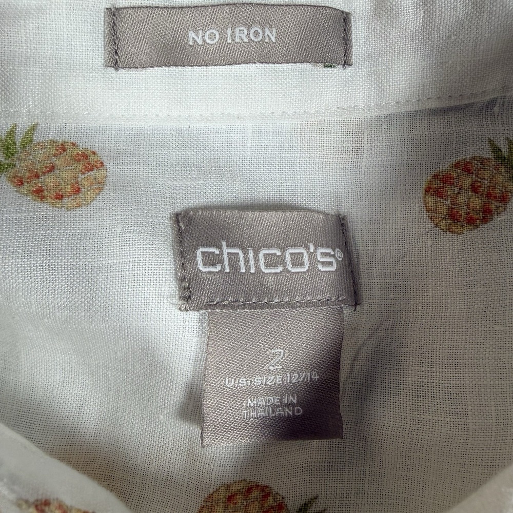 Chicos Top Women's 2 12/14 White Linen Pineapple Print Long Sleeve Roll Tab - Picture 5 of 8